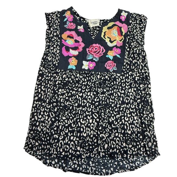 Savanna Jane Black Embroidered Floral Boho Top Leopard Print Blouse Festival Med - Picture 1 of 8